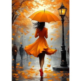 MXJSUA Umbrella Woman Diamond Painting Kits for Adults, 5D Autumn Street Diamond Art Kits for Beginners, DIY Full Drill Paint with Diamond, Home Wall Decor 12x16 Inch