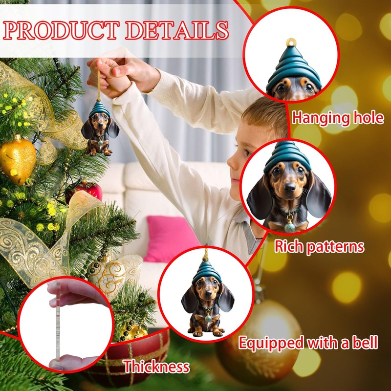 Pack of 7 Dachshund Christmas Tree Decorations Cute 2D Acrylic