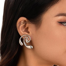 Chunky 14K Gold Drop Earrings Irregular Geometric Teardrop Earrings Hypoallergenic Spiral Dangle Earrings Trendy Jewelry Presents for Women Wife (Silver)