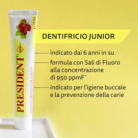 President Zahnpasta JUNIOR 6+ für Kinder ab sechs Jahren. Geschmack Erdbeeren, Antikaria, schützt Zahnfleisch und Zahnschmelz, ohne Parabene, SLS, Allergene und PEG - RDA 30-50 ml