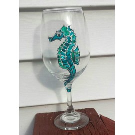 Seahorse Blue Green Hand Painted Wine Glasses Set of 2