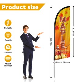 QSUM Maple Syrup Flag for Business, Maple Syrup 8FT Polyester Advertising Swooper Flag with Aluminium Alloy Flag Pole Kit, Stainless Steel, Ground Spike, Portable Bag
