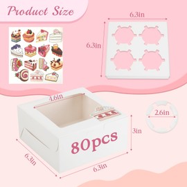 OAMCEG 80 Pack Cupcake Boxes with Window, 6x6x3 Inches White Cookie Boxes, Bakery Treat Boxes with Stickers & Twine for Pastry, Desserts, Strawberries, Cupcakes, Gift Giving
