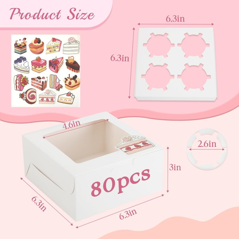 OAMCEG 80 Pack Cupcake Boxes with Window, 6x6x3 Inches White