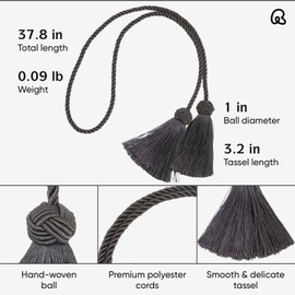 2 Pack Curtain Tiebacks Curtains Tie Back with Tassels- Curtain Holdbacks Tassel Decorative Rope for Towel Bedroom Bathroom Kitchen Home and Office Thin or Sheer Window Drapes Decor-Charcoal