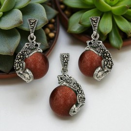 SILVER EMPIRE Fine Jewelry | 925 Marcasite Sterling Sivler Brick Red Gold Sand Stone Ball with Cougar Earring and Pendant Neckalace 18" Chain Dangle Gemstone | Fancy Fine Jewelry Gifts for Women for Her