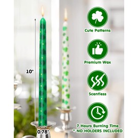 Tuitessine St. Patrick's Day Taper Candles 10 Inch Tall Set of 4 Unscented Irish Shamrock Clovers Green Candlesticks Lucky Charms Gifts Home Decor for St. Paddy's Day Party Dinner - 8 Hour Burn Time