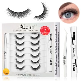 AILAISHI Wispy False Eyelashes Kit With Bond, Seal and Tweezer, 7 Pairs Natural Look Fake Cat Eye Lashes Strips Thin Band Extensions Waterproof Easy Eyelashes for Beginners RQ27