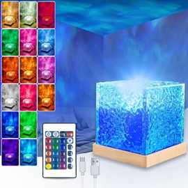 LED Ocean Wave Lamp Projector Light, 16 Colors Gradient Rotating Flame Midnight Aurora Light with Remote Control, 3D Tesseract Crystal, Galaxy Projector Night Light for Bedroom Office Bar (Square)