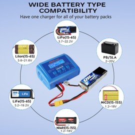LiPo Battery Charger RC Balance Fast Battery Charger Discharger 80W 6A Smart Digital Battery Pack Charger for 1S-6S LiPo Life Li-ion 1-15S NiCD NiMH PB Smart Battery Batteries for RC Car (Blue)