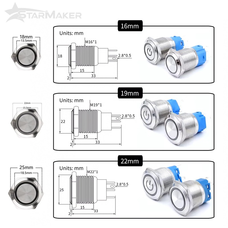 16mm 12V-24V DC 4A White Ring LED Lighted Metal Switch
