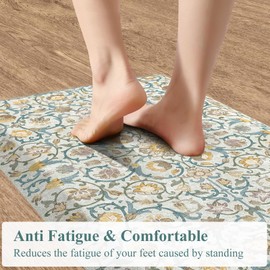 KIMODE Anti Fatigue Mats for Kitchen Floor Non Slip,Farmhouse Floral Sink Rug Waterproof for Laundry,Memory Foam Ergonomic Cushioned Carpet for Office,Beige/Blue 17.3"x28"