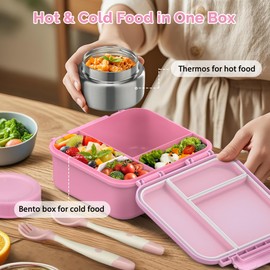 BEAQUEE Bento Box for kids with Thermos – Leakproof 4-Compartment Lunch Box with 9oz Stainless Steel Food Jar, Hot & Cold Lunch Container Set for School Girls Boys, Dishwasher Safe, Pink