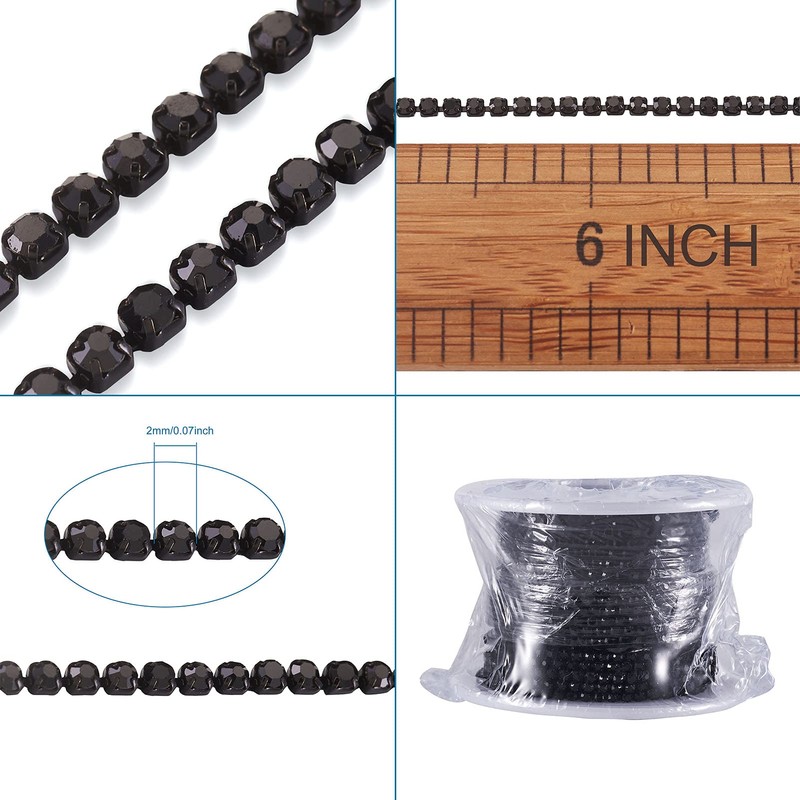 PandaHall 10 Yards Crystal Rhinestone Cup Chains 2mm Black Trimming