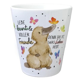 Platypus Flower Pot with Saying "Lebe bunt und freudig Entdecke Lebensfreude Nahzu Natur Glück mit dem Positiven Platypus Duck Pot on Bicycle Wheel