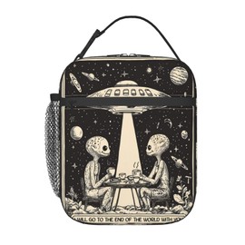 ainori - Lonchera reutilizable para niños y mujeres, adultos, bolsa de almuerzo retro con aislamiento Ufo Cósmico Café, bolsa de poliéster para la escuela, picnic, trabajo, viajes, playa o senderismo