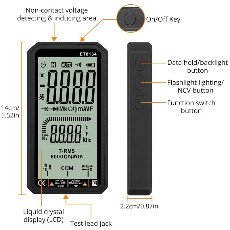 Neoteck Digital Multimeter 6000 Counts True RMS LCD Large Screen