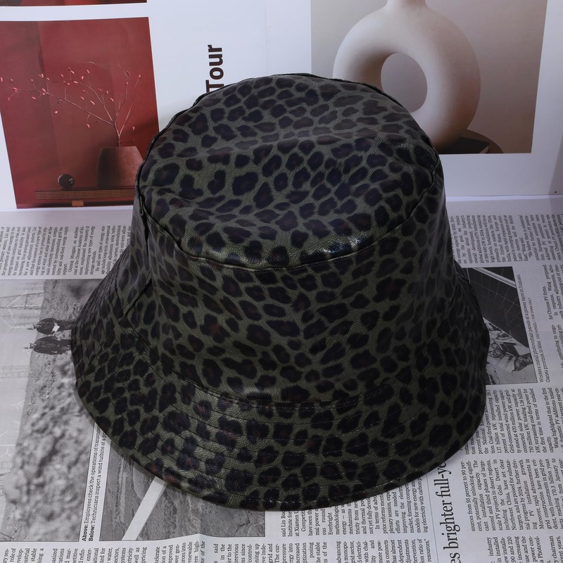 Manfnee Leopard Bucket Hat PU Leather Bucket Hats Sun Hat