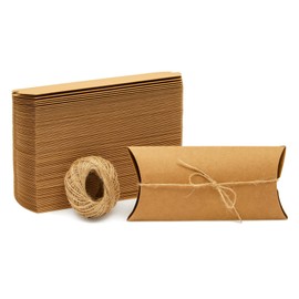Juvale Pillow Boxes Gift Card Holder - 100-Pack Brown Paper 7.5 x 3.7 x 1.2 in - Cardboard Pouches with Jute Twine