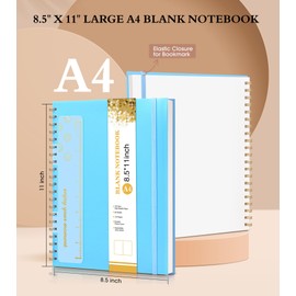 Blank Spiral Notebook Journal 8.5” x 11”, A4 Large Sketch Book for Women Men, 100 GSM Blank Paper Drawing Notebook, Plastic Hardcover Spiral Bound Sketchbook for Sketching Work School Writing, Blue