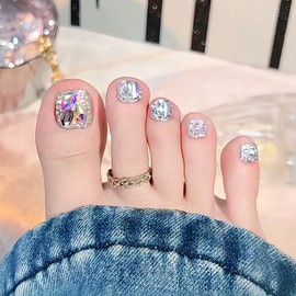 [ALLEVG]ネイルチップ 足用 24枚入 フットネイルチップ フットネイル 足用 3D ダイヤ マグネットネイルチップ 夏 付け爪 結婚式 成人式 可愛い 人気 かわいい シンプル 繰り返し使える