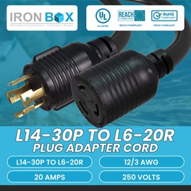 IronBox Electric - NEMA L14-30P to L6-20R Plug Adapter Cord - Rated for 20A, 250V - 12/3 AWG Wire - Power Cable for Generators, RV, Electrical Equipment - Ideal for Indoor/Outdoor Use (1 Foot, Molded)