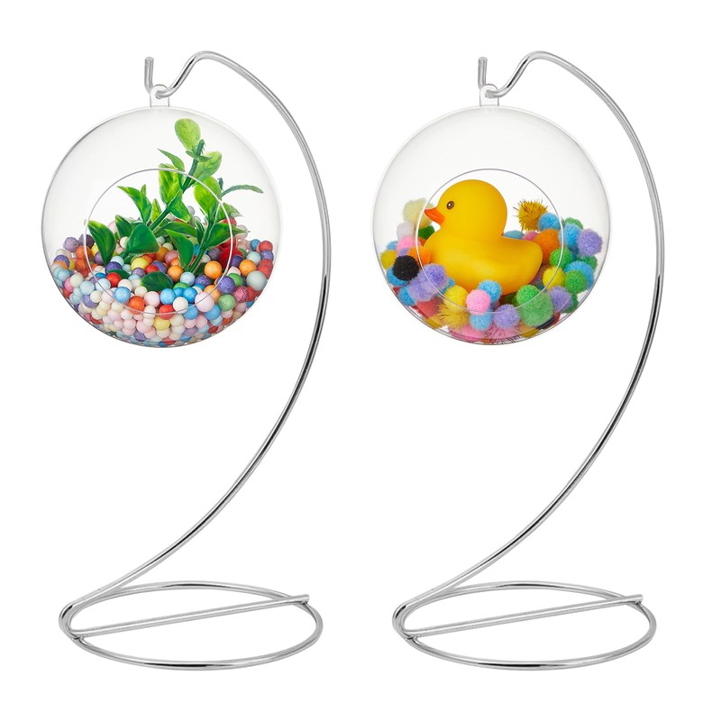 3PCS Ornament Display Stand,Glass Globe Silver Iron Wire Stand Hanging