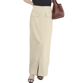 Kobe Lettuce M4077 Running Stretch Tight Skirt, Cargo-Style Skirt, Maxi Length, Long Length, Casual, Stretchy, Maxi Ecru, L