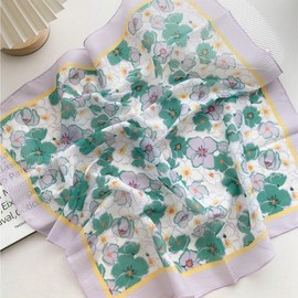 Lutesa Women's Scarf, Neckerchief, Square, Cotton Linen, Floral Pattern, Bag Decoration, Hair Ornament, 22.8 x 22.8 inches (58 x 58 cm), Spring & Summer, Office, Travel, pansy green