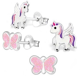 Goldene Hufeisen 2 Pairs Children’s Unicorn and Glittery Butterfly Earring Set / 925 Sterling Silver