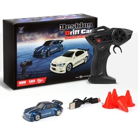 Hotfree 1/64 Mini RC Drift Car, 4WD High-Speed Full-Proportional Remote Control Sports Car with Steering Servo, LED Lights, USB Rechargeable, Desktop Entertainment Toy, Fun Birthday Gift for Kids & Boys - Color: FQD23-BLUE