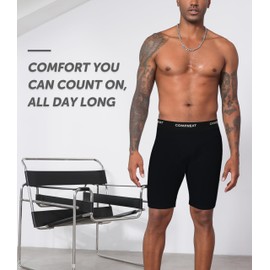 Comfneat Men's 9" Long Leg Cotton Boxer Briefs Stretchy Comfy Underwear 4-Pack (Black 4-Pack, S)