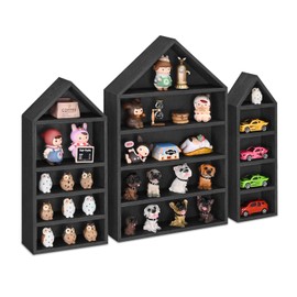 Ikee Design 3 Pcs Set House-Shaped Shelf Wooden Shadow Cubby Box Display Shelf Organizer Storage Display Shadow Box for Mini Figures, 15 Compartments, Black Color
