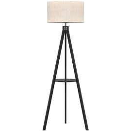 LEPOWER Tripod Floor Lamp, Mid Century Standing Lamp with Shelf, Modern Design Wooden Floor Lamps for Living Room, Bedroom, Office , Flaxen Lamp Shade with E26 Lamp Base (Black)