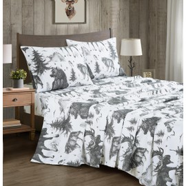Chezmoi Collection 4-Piece Lodge Sheet Set California King Size - White Gray Black Grizzly Bear Wolves Moose Pine Tree Mountain Printed Brushed Microfiber Lightweight Breathable Deep Pocket Bed Sheets