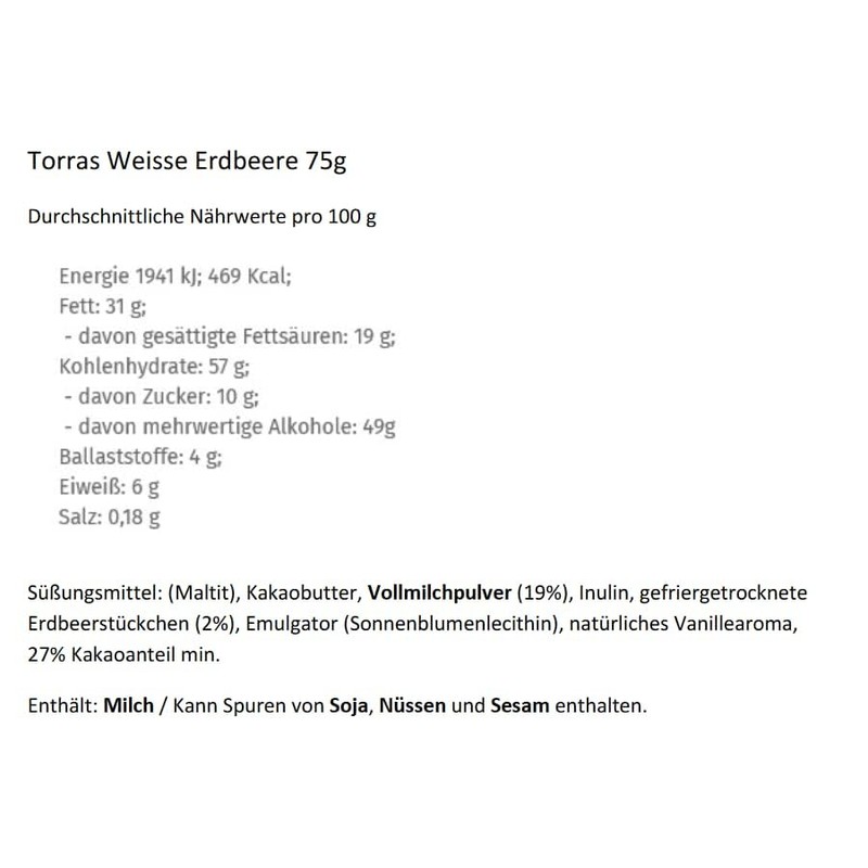 Torras Zero Schokolade, Schokolade ohne Zuckerzusatz, Weiße Schokolade mit Erdbeerstückchen,