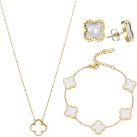 Lucky Four Leaf Clover Jewelry Set, Titanium Steel Necklace Pendant Earrings Bracelet for Women, Enamel Flower Gold Plated Station Chain Wrap Layer Clover Jewelry Girls Gift