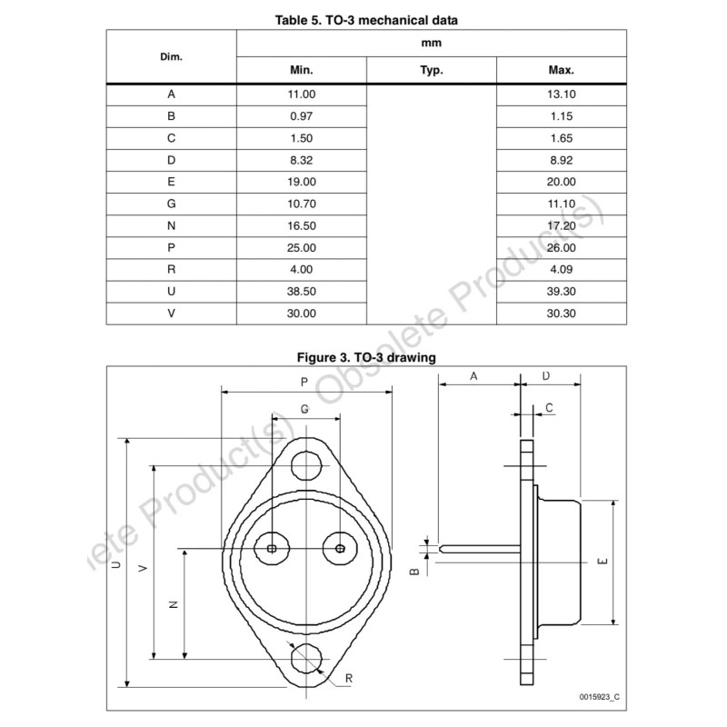 ST 2N3055 NPN Power Transistor ST Ic=15A(max) hFE=20-70 Vbe=1.8Vmax US