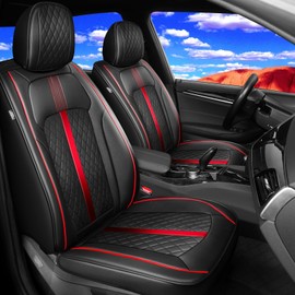 FiveFox Fit Camry Car Seat Covers for Select Toyota Camry 2012-2024 2025 - Full Coverage Leather, Waterproof & All Weather Seat Cushion Protector, Full Set, Black with Red Trim