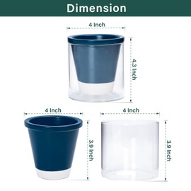 D'vine Dev 4 Inch Design Self Watering Planter for Indoor Plants, Blue Terracotta Pots with Cylinder Glass Cup, Set of 4, 375-A-4