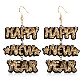 New Years Earrings for Women Acrylic Happy New Years Hook Earrings Glitter Resin Acrylic Statement Letters Drop Dangle Earrings New Years Jewelry Surprise Gift Gold