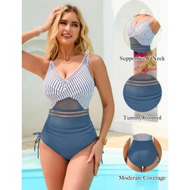 Blooming Jelly Womens Tummy Control One Piece Swimsuits Slimming Modest Push Up Bathing Suit Twist Front Mesh Swim Suits 2025 (L, Blue Stripes)