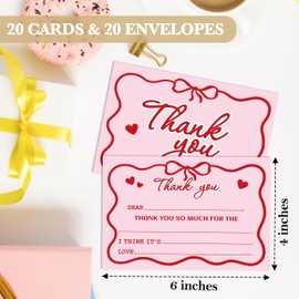 Pink Bow Thank You Cards Fill in the Blank, Pink Bow Heart Thank You Notes, Thank You Greeting Cards with Envelopes for Birthday Wedding Bridal Baby Shower Christmas, 20 Pack (23)