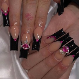 MISUD Coffin Press on Nails Long Fake Nails with Design Black French Tip Nails Glue on Nails Glossy Ballerina Rhinestones False Nails Full Cover Artificial Acrylic Nails (24Pcs,1 Glue)