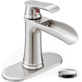 HOIGY Waterfall Bathroom Faucet, Brass Brushed Nickel Bathroom Faucets, Single Handle Bathroom Sink Faucet, 4 Inch Vanity Faucet 1 Hole or 3 Holes with Drain Deck Plate & Supply Hoses for RV Lavatory