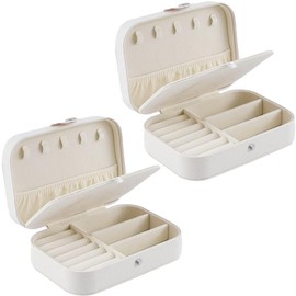 Travel Jewelry Box, PU Leather Small Jewelry Organizer for Women Girls, Double Layer Portable Mini Travel Case Display Storage Holder Boxes for Stud Earrings, Rings,Necklaces,Bracelets (white2pcs).