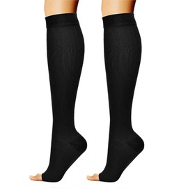 Dress Cici Open Toe Compression Socks for Women, Nylon Knee High Long Socks Toeless Small Size (2 Pack: Beige+Black), Asia Size S