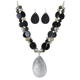 Xalroco Gold/Silver 20‘’+3‘’ Teardrop Pendant Statement Necklace for women Trendy Colorful Crystal Shell Beaded Gemstone Necklaces and Earrings Set Womens Jewelry Gifts (Black)