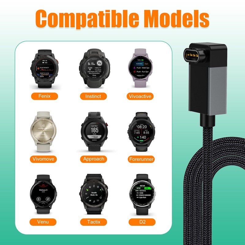 AGVEE 1.5ft Charger Cable for Garmin Watch, L-Shape Braided Charging