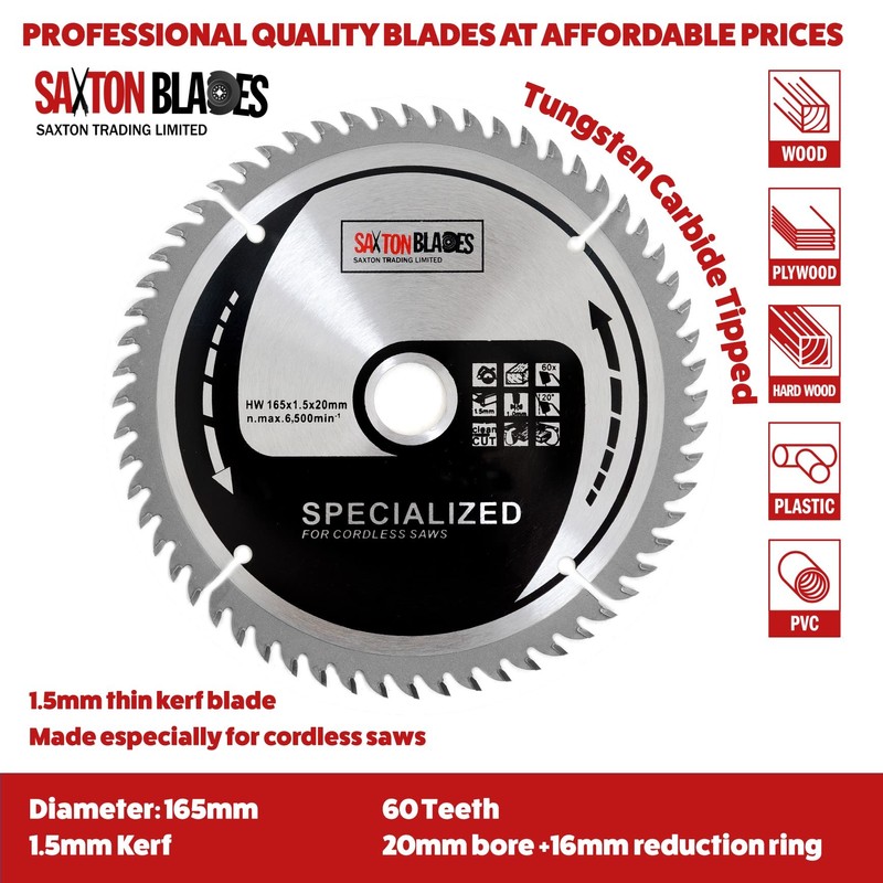 Saxton 165mm TCT Thin Kerf Cordless Circular Saw Blade Pack
